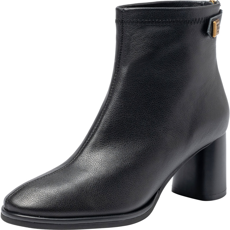 百田森商场同款冬季加绒时尚短靴真皮粗跟高跟气质女冬靴通勤