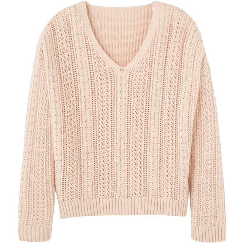 新款拉夏贝尔V领镂空套头韩版短款打底百搭毛衣慵懒风针织衫1T000633