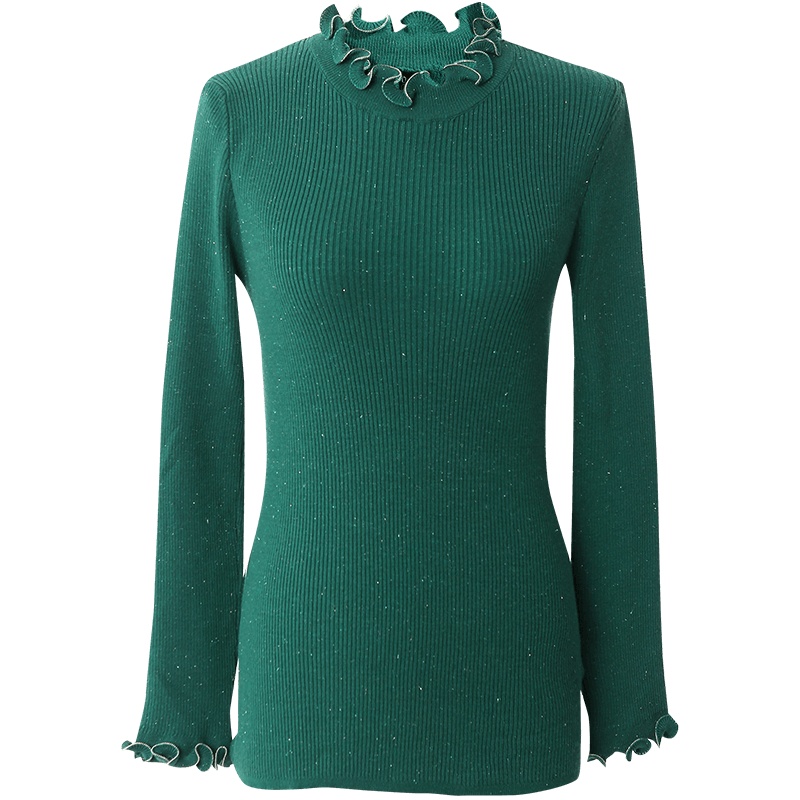 OUNIXUE欧昵雪 | [亮丝毛织打底针织衫]秋冬季木耳边立领坑条修身显瘦毛衣女