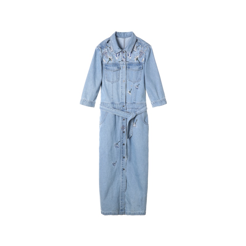 裂帛刺绣牛仔连衣裙夏装新款修身显瘦中袖收腰绣花长裙子春