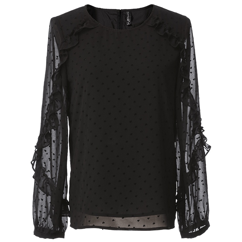 欧昵雪秋装圆领套头长袖拼接木耳边爱心雪纺衫女气质小衫