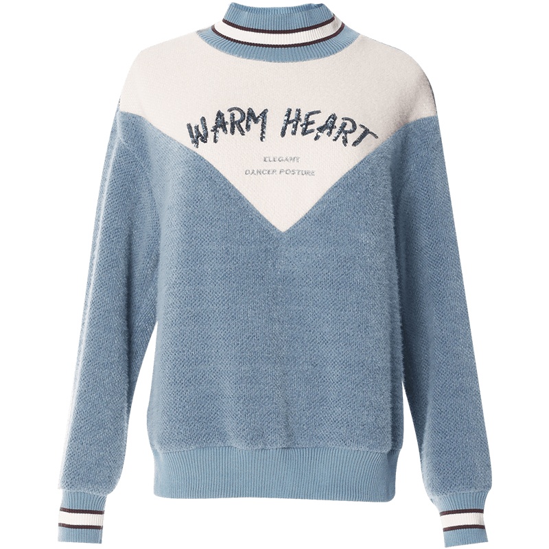 欧昵雪秋冬撞色罗纹半高领字母珠片绣宽松遮肚卫衣女长袖