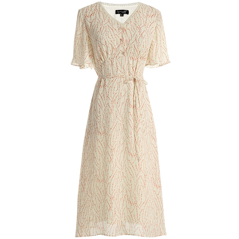 欧昵雪夏季花边V领收腰印花雪纺连衣裙女荷叶边短袖中裙