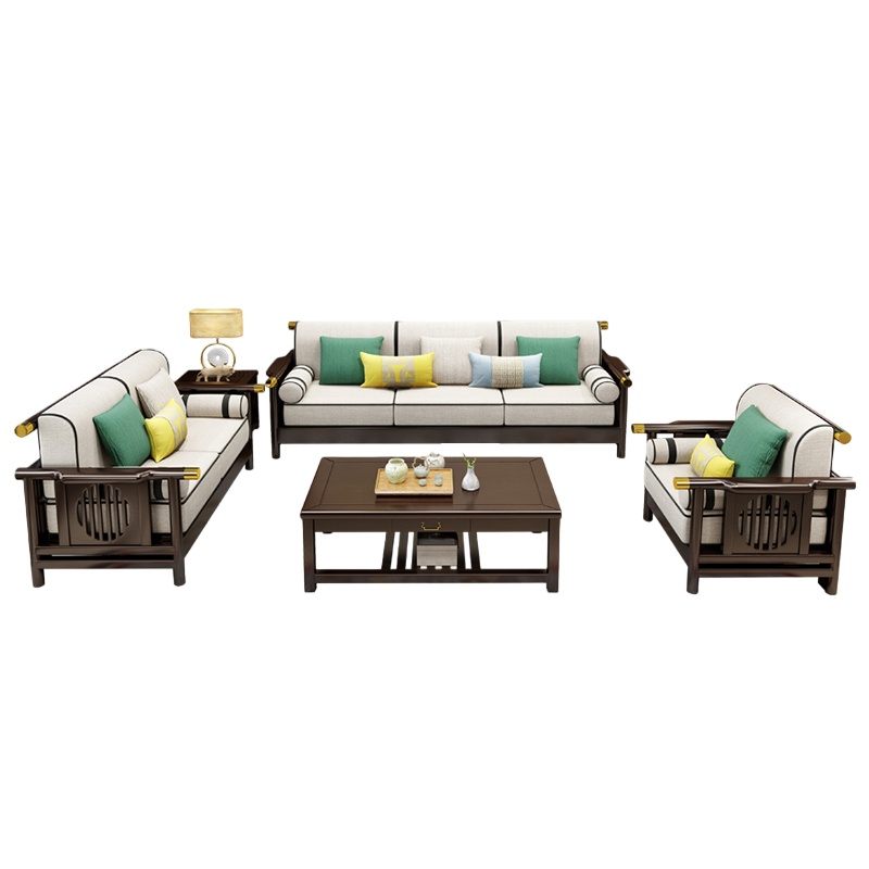 [理政]木质沙发组合 现代中式 海绵坐垫+两个茶几