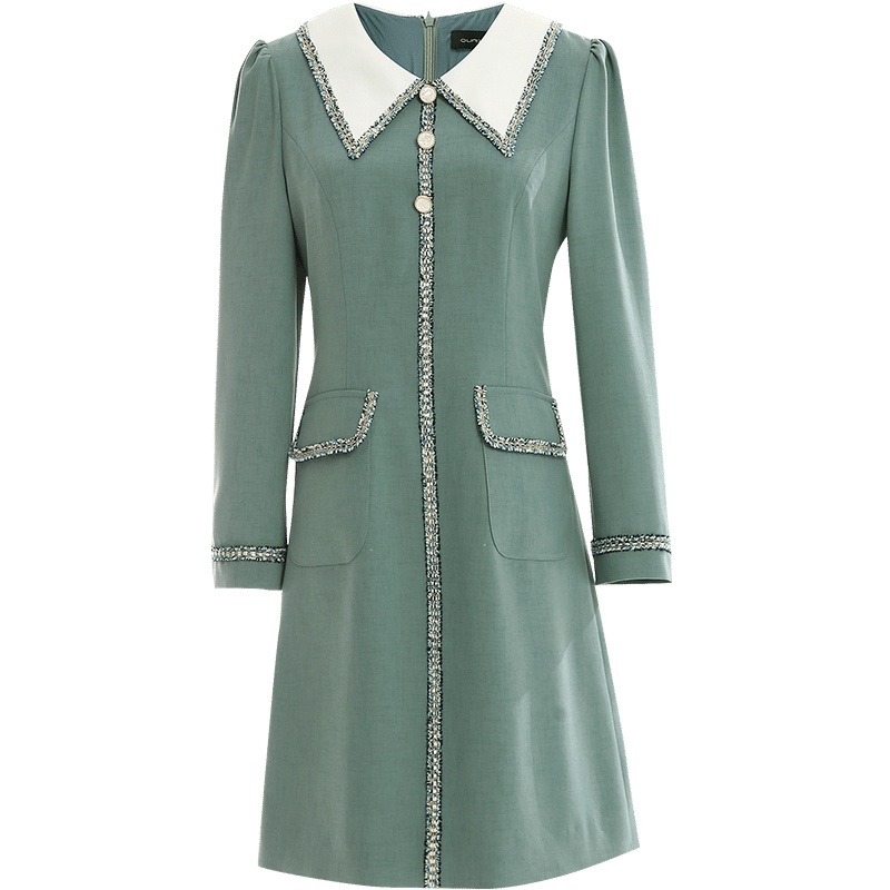 欧昵雪减龄毛边拼接收腰显瘦连衣裙女七分袖a字短裙