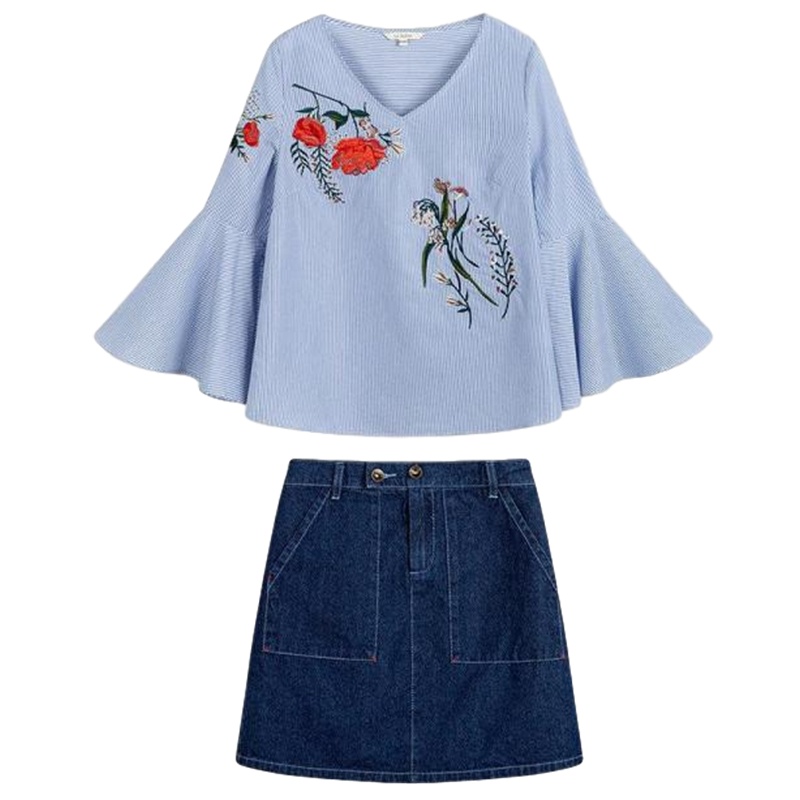 拉贝缇夏新款两件套套装女喇叭袖绣花衬衫时尚休闲高腰牛仔半身裙60006079