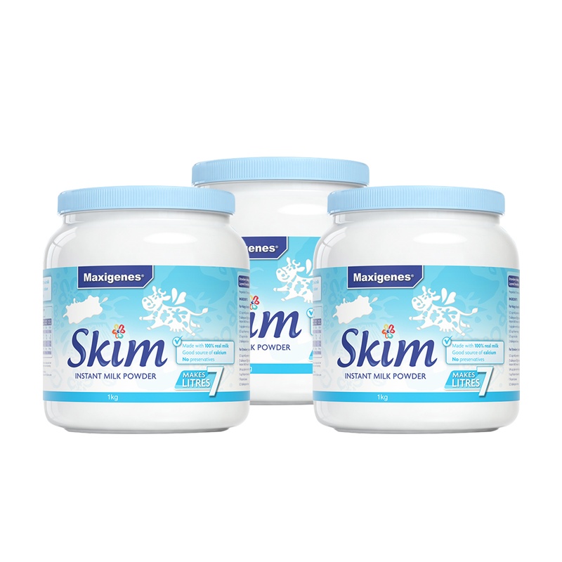 3件装丨Maxigenes美可卓蓝胖子蓝妹子脱脂奶粉高钙牛奶粉1kg/罐装成人中老年青少年学生孕妇高钙奶粉 澳洲进口
