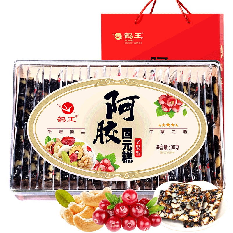 鹤王阿胶糕即食坚果型500g纯山东手工固元膏ejiao阿胶膏方块片