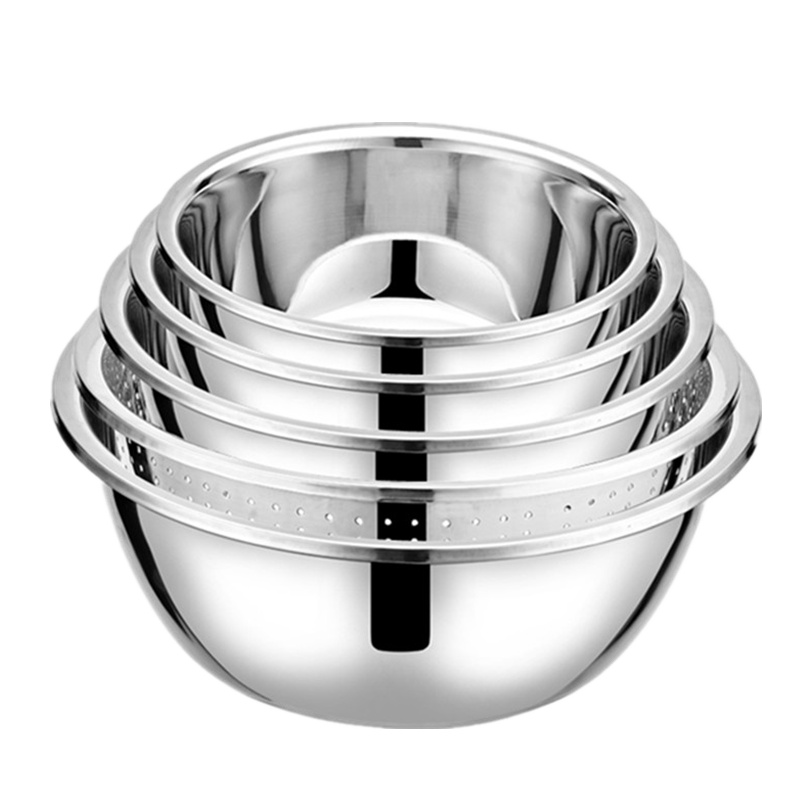 【五件套盆18-20-22-24漏盆-26CM】圆形不锈钢盆 厨房家用加深加厚盆套装汤盆打蛋和面洗菜盆