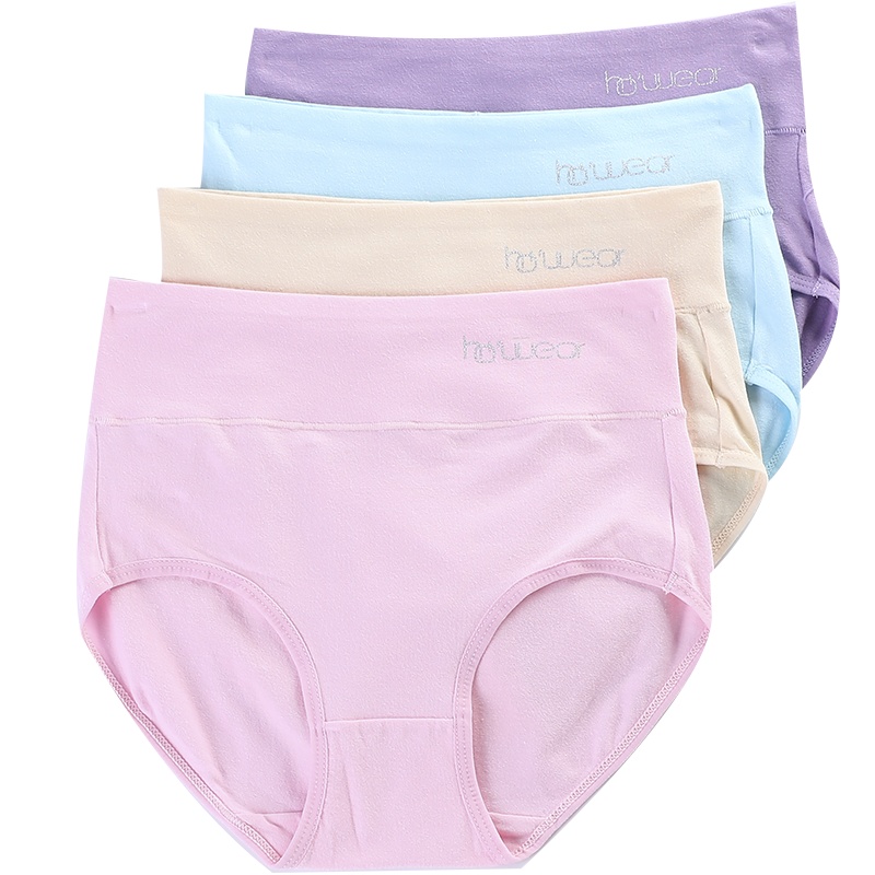 红豆居家20年新款女士高腰内裤棉氨弹力舒适清新纯色系三角内裤组合(四条装)