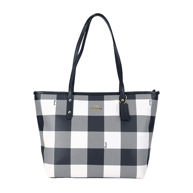 COACH 蔻驰 奢侈品 女士粉色格子皮质手提单肩托特包