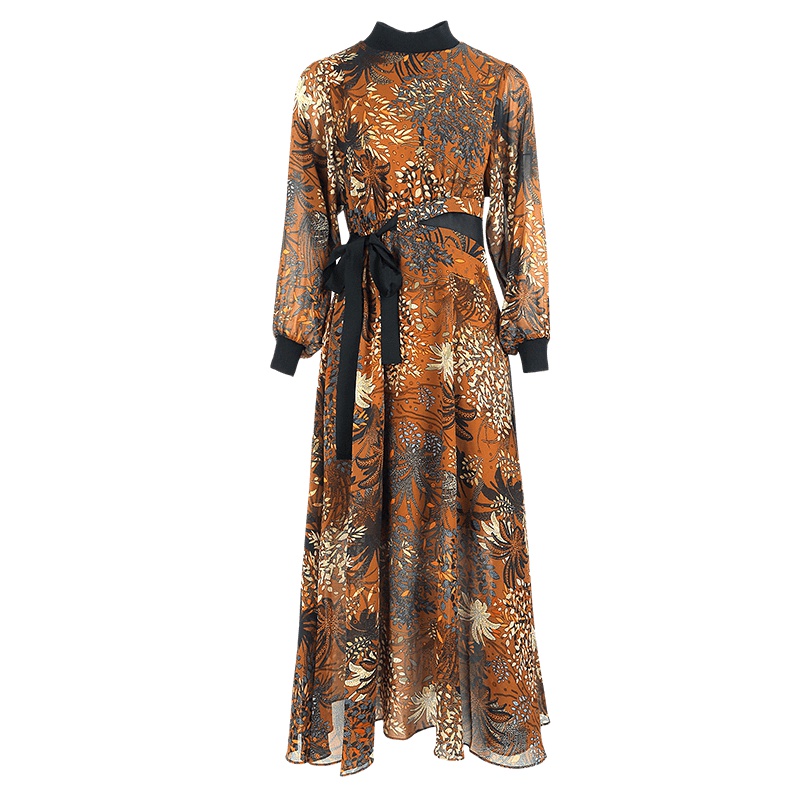 晚白2019秋季新品复古印花立领长袖系带长款A字大摆雪纺连衣裙女