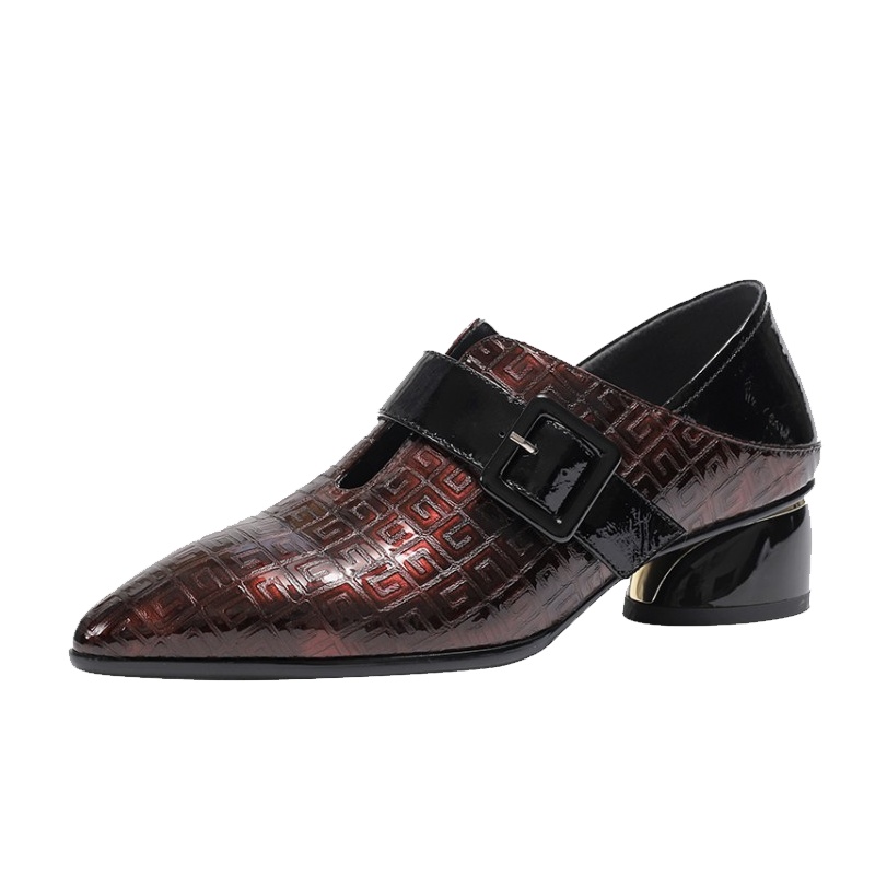 格瑞迪欧牛皮酒红色英伦风女鞋2020早春新款粗跟单鞋女春款中跟尖头真皮踩跟鞋177-2