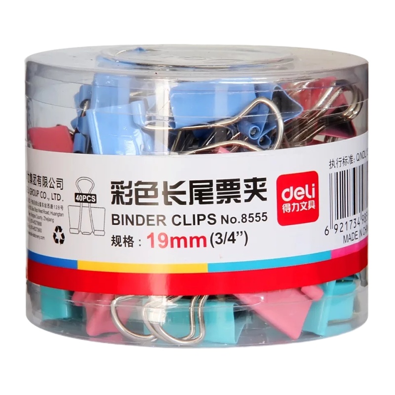 得力8555ES彩色长尾票夹筒装/混(40只/筒)