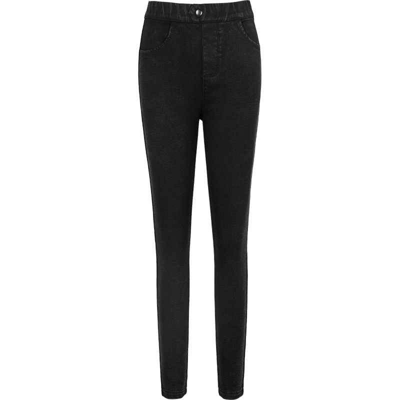 晚白2020秋季新品简约纯色松紧高腰修身显瘦加绒牛仔裤小脚裤女