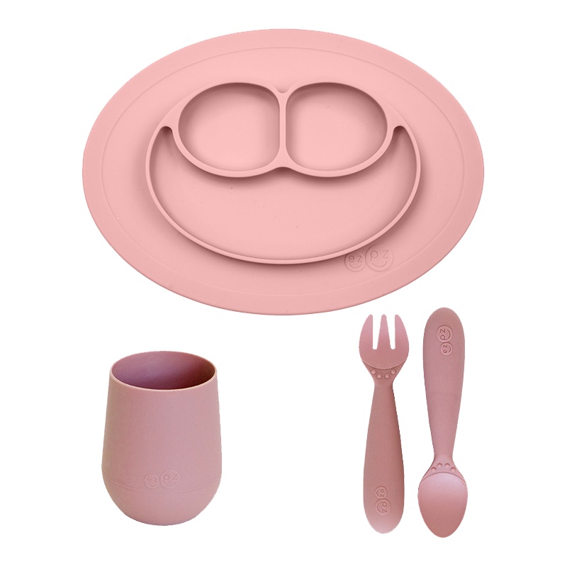 美国进口ezpz儿童餐盘套装一体式笑脸硅胶辅食耐摔餐具配勺子杯子 水藕粉