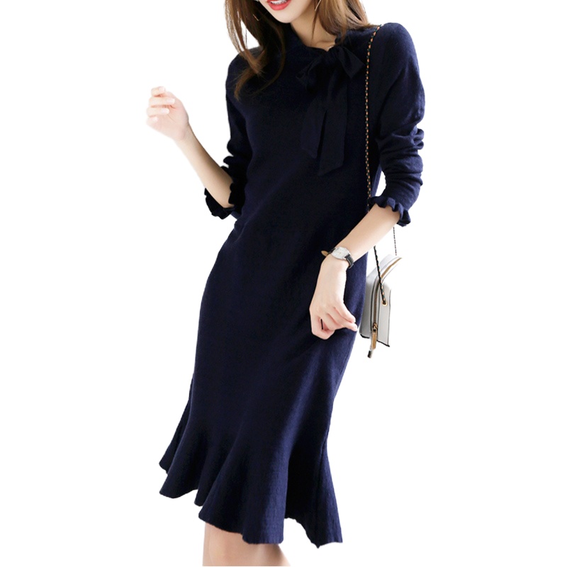 时尚优雅中长款 鱼尾裙女 蝴蝶结纯色 RS羊毛针织连衣裙