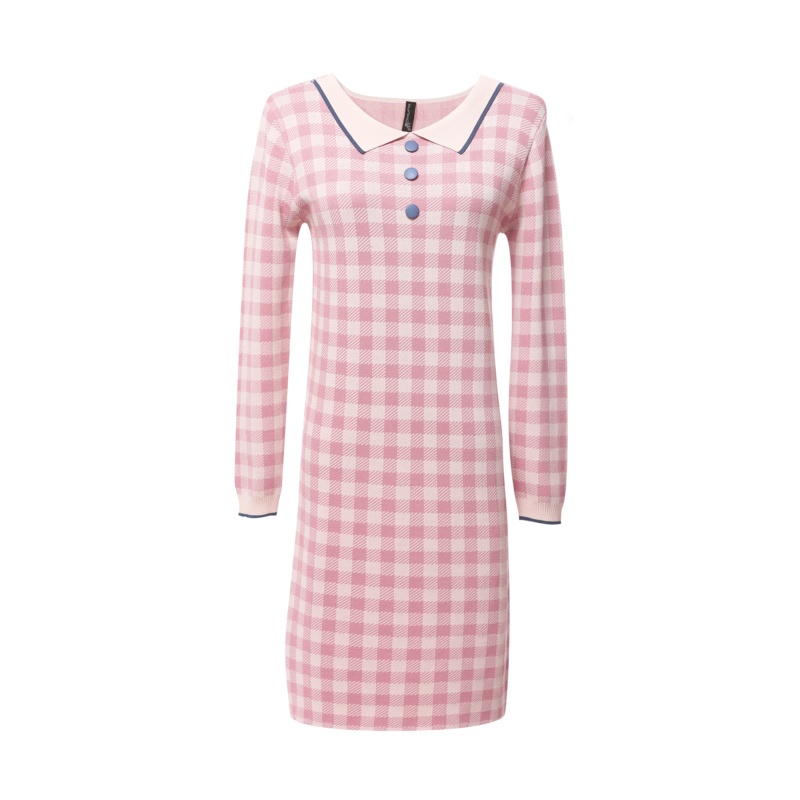 欧昵雪秋装气质撞色修身格子长袖针织连衣裙女