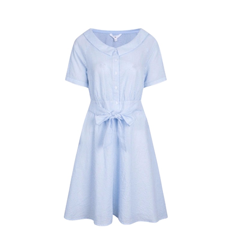 拉夏贝尔夏季新款连衣裙女款7Modifier莫丽菲尔连衣裙夏新款韩版条纹显瘦娃娃领宽松系带休闲学生裙女70008133