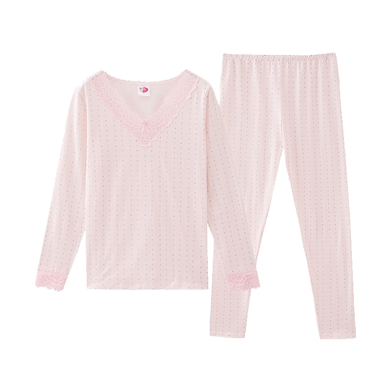 都市丽人深V精致花边可爱条纹印花薄款长袖女士保暖套装2W8105