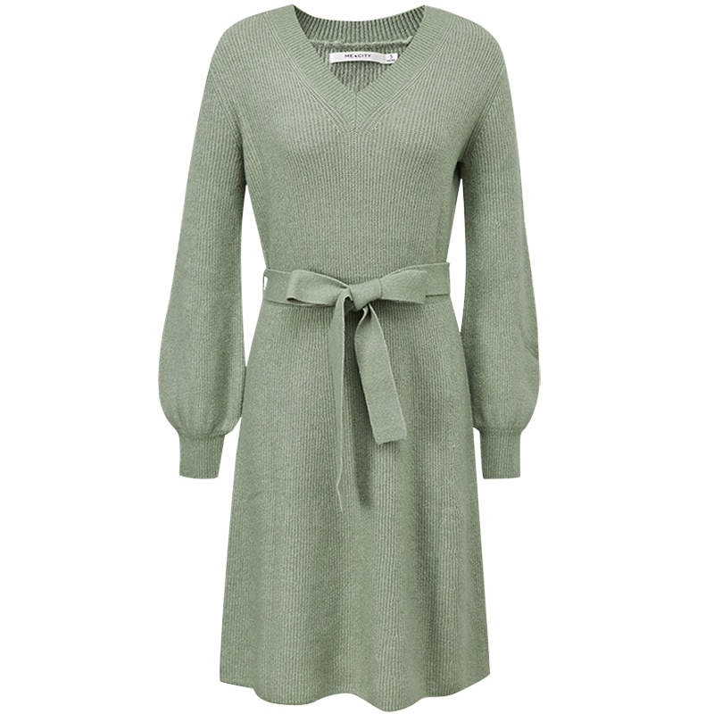 绵羊毛MECITY女装冬季新款V领时尚设计感系带收腰连衣裙女