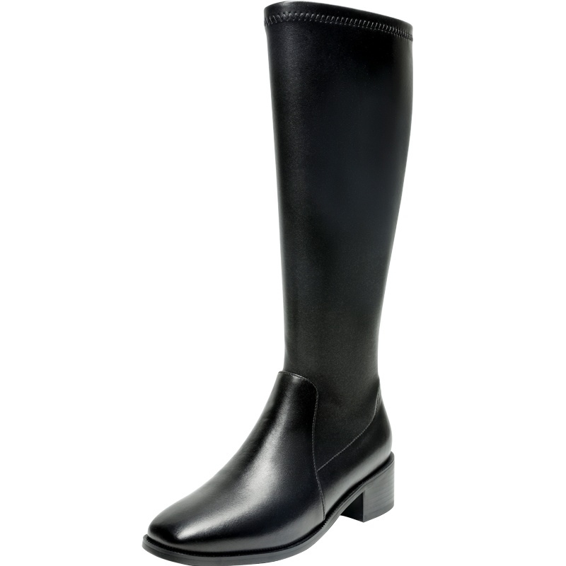 红蜻蜓女鞋真皮高筒不过膝新款冬季骑士靴子烟筒靴粗跟马丁靴子女