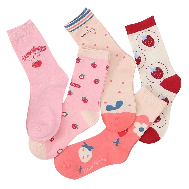 【顺丰配送】【5双装】堆堆袜女士中筒袜日系草莓可爱长袜ins韩版潮袜秋冬款纯色棉袜子 漂亮草莓袜-5双装