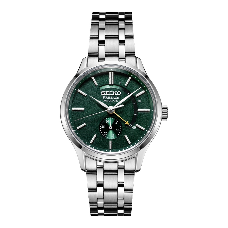 精工(SEIKO)日本原装进口领航系列2019新款日本庭院机械表复古绿钢带能量显示男表 SSA397J1