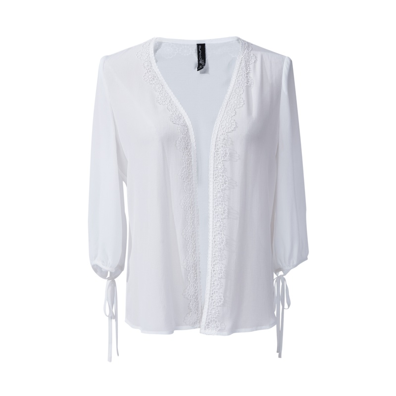 欧昵雪夏季花边拼接系带七分袖雪纺衫开衫女短外套防晒衫