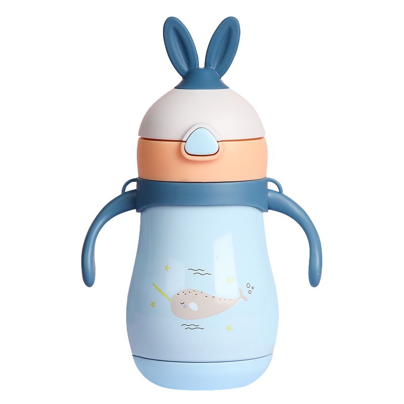 迪乐贝尔(Diller)儿童保温杯宝宝吸管杯婴儿喝水杯316不锈钢学饮杯幼儿园学生手柄水壶[蓝色兔耳-保温杯260ml]