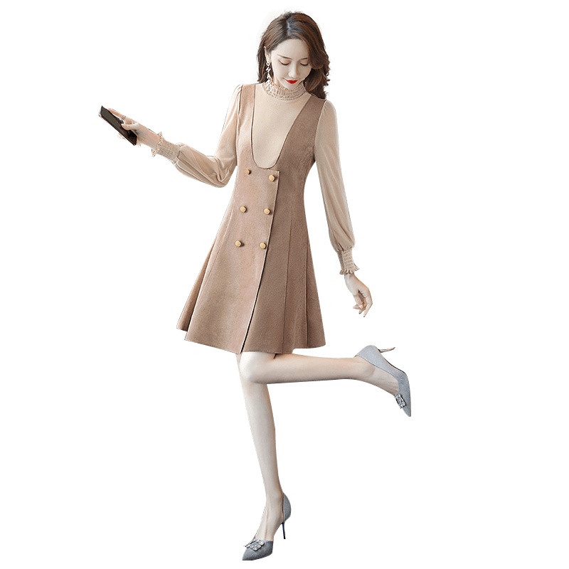 丝柏舍2019秋裙子半高领长袖假两件小众设计连衣裙S93B4330L