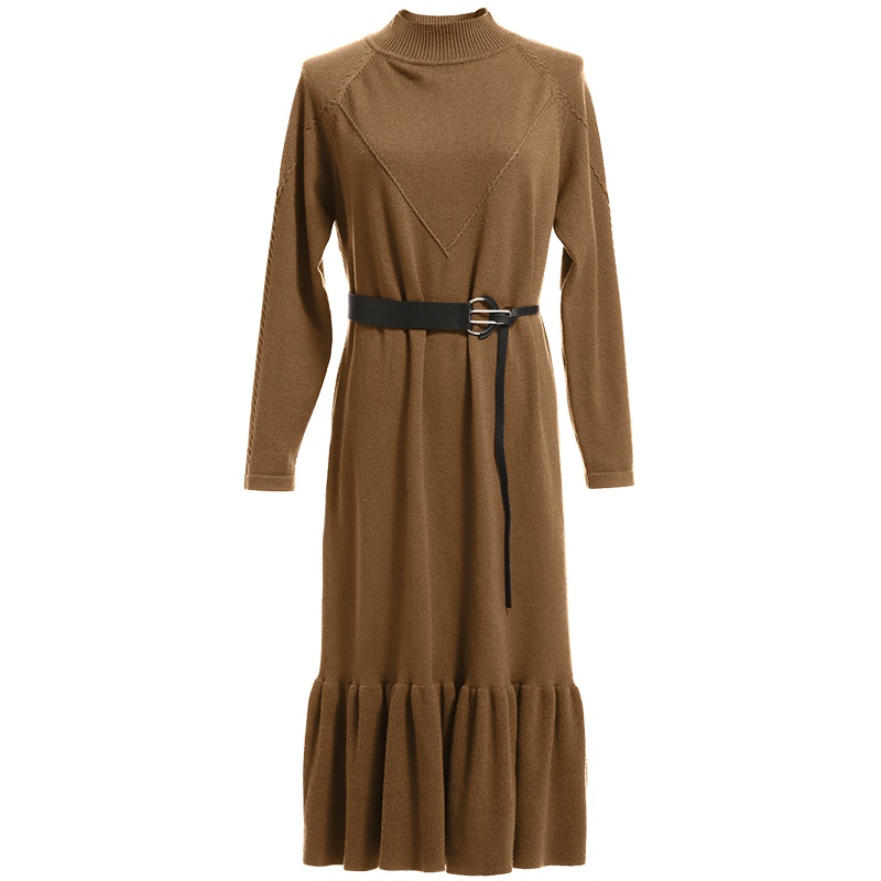 欧昵雪秋冬季半高领收腰过膝针织连衣裙女套头鱼尾毛衣裙