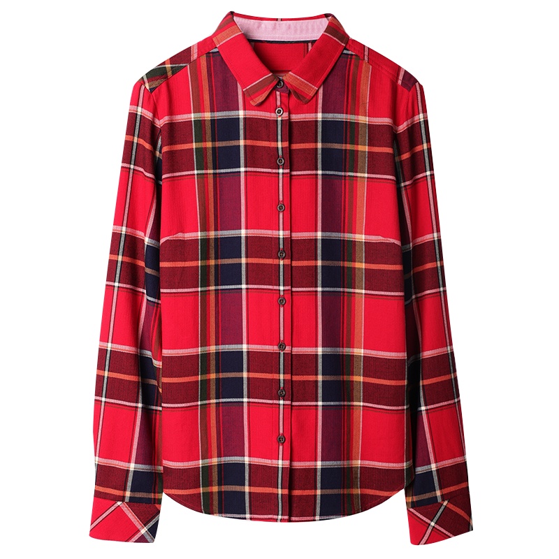 [无珉]早春格子衬衫女复古短款拼色格子衬衫经典版型