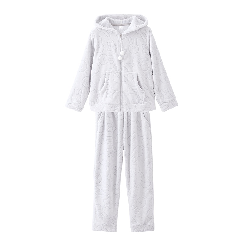 都市丽人卡通可爱图案厚款翻领长袖对襟加绒家居服套装女士睡衣7H8105