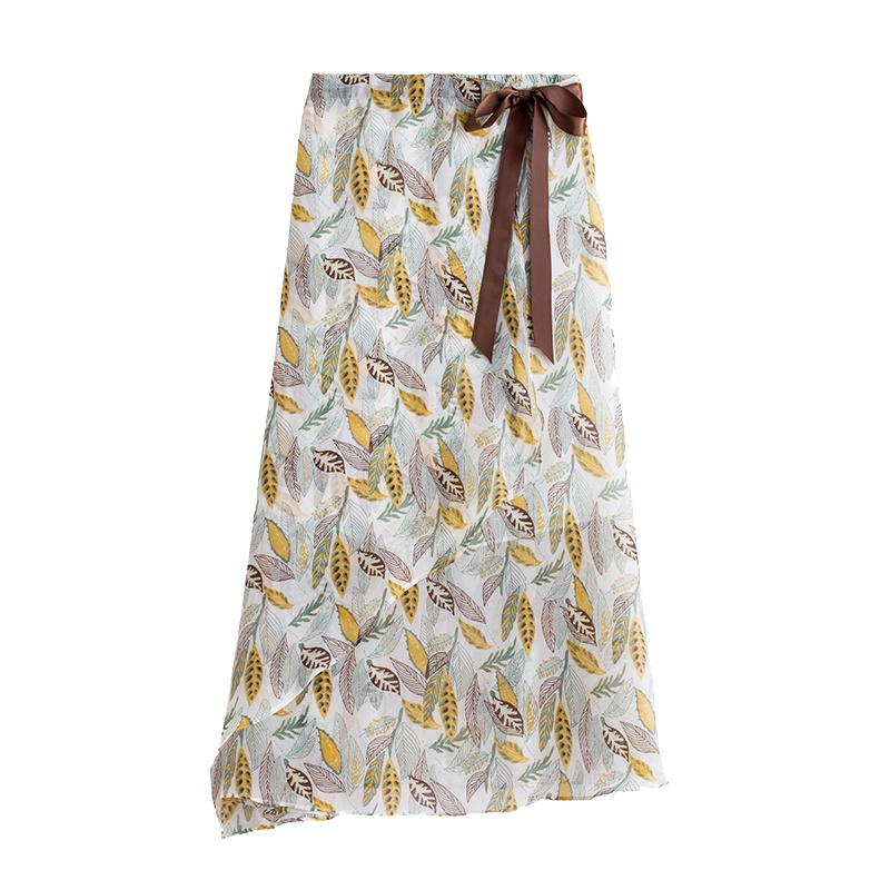茵曼2019夏装新款文艺田园风荷叶边摆印花雪纺系带显瘦半身裙女