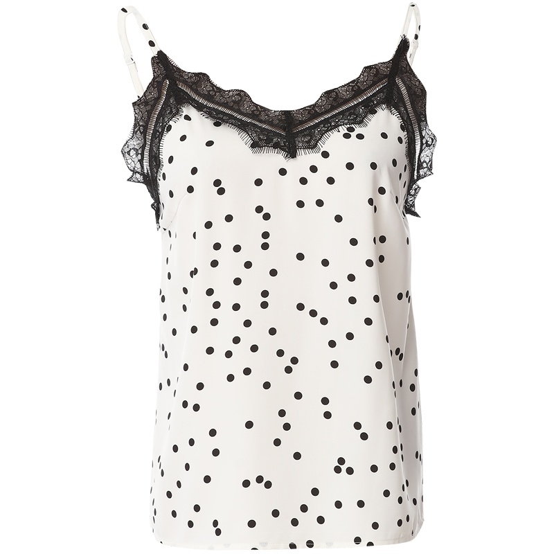 欧昵雪睫毛蕾丝拼接V领波点外穿吊带背心女内搭打底衫