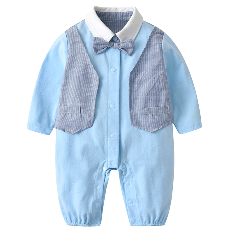 罗町 童装婴儿春季男童宝宝连体衣领结假两件马甲蓝色绅士周岁礼服哈衣