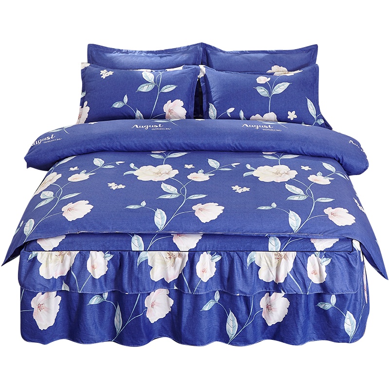 泰念(Tai nian) 床裙四件套大版花斜纹磨毛床笠四件套1.8米床裙套件 简约中国风床裙4件套2.0米双人床上用品