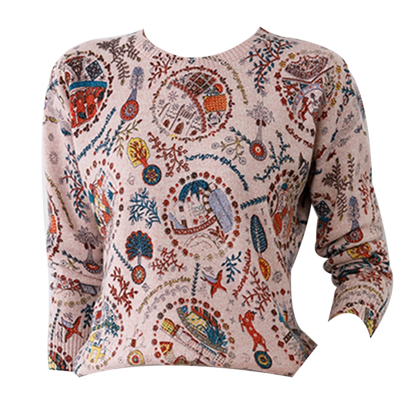 圣妮曼春秋薄款羊毛衫印花圆领针织打底衫