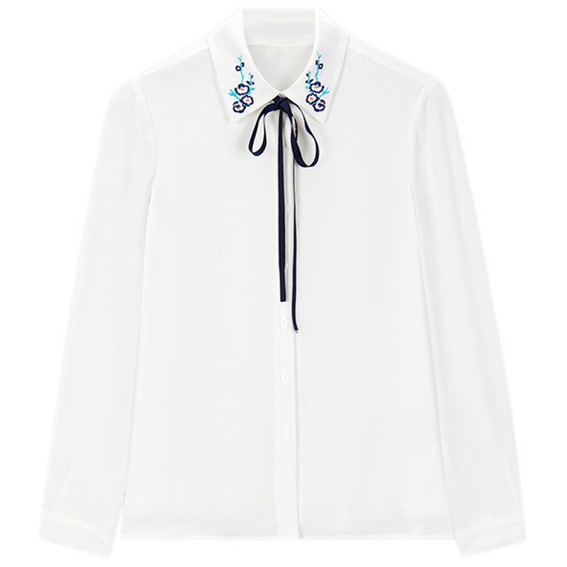 爱居兔春装2019女装刺绣翻领时尚白色休闲衬衫