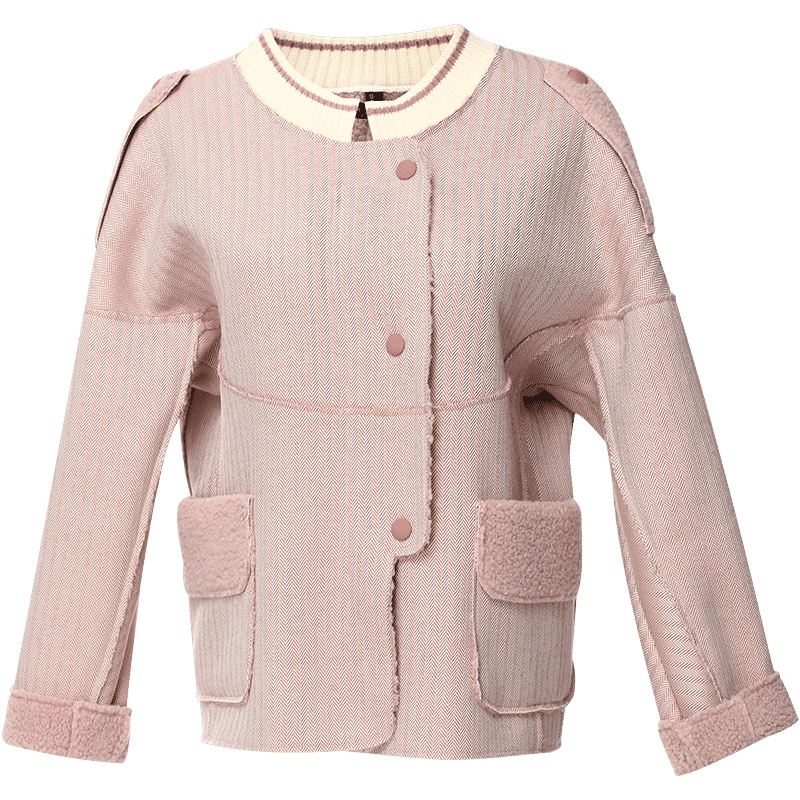 欧昵雪秋冬季圆领宽松人字纹加绒毛呢外套女长袖显瘦上衣