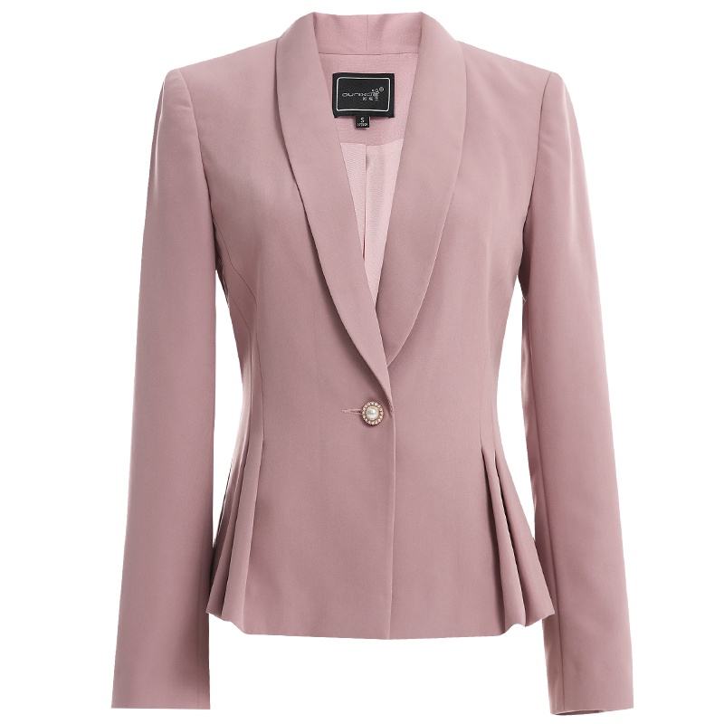 欧昵雪青果领褶皱收腰显瘦西装女短款长袖修身西服