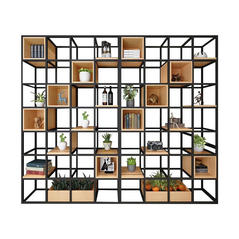 铭威盾美式铁艺落地屏风隔断客厅架子实木书架现代简约展示架玄关置物架