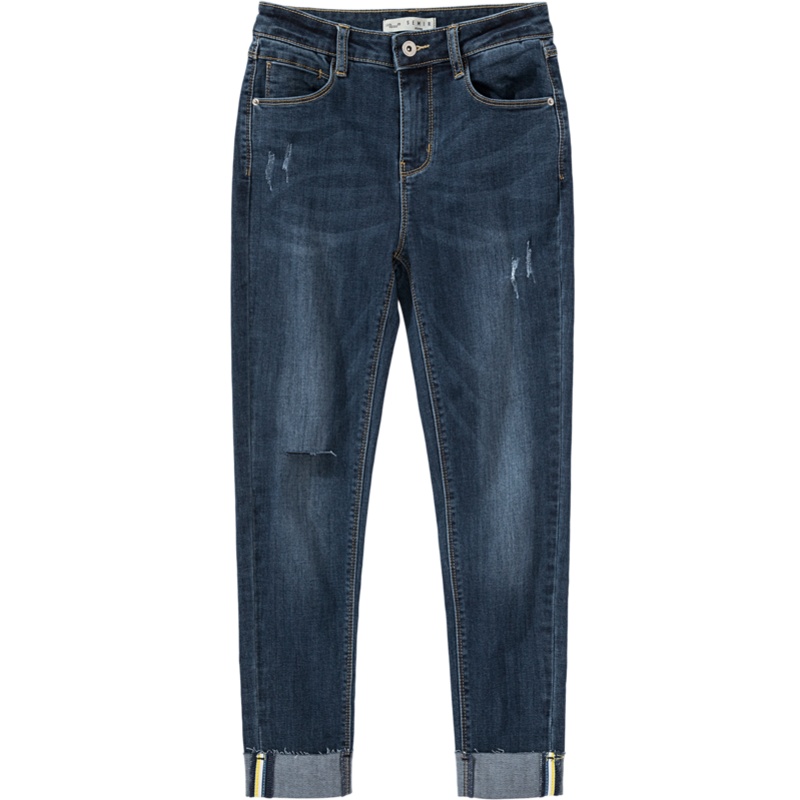 森马新款显瘦百搭女士牛仔裤2020春装黑色破洞九分裤