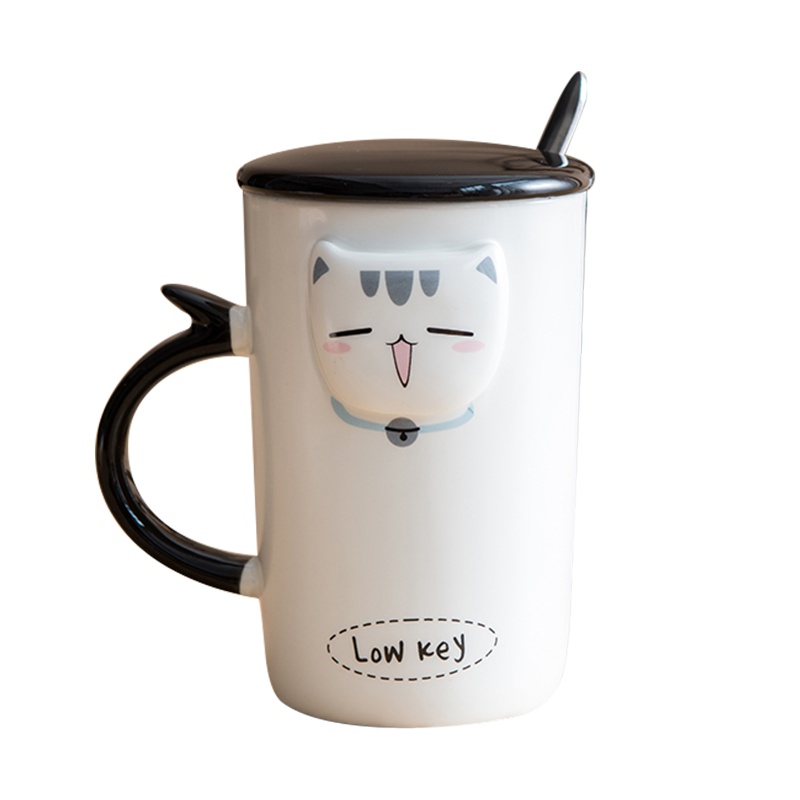 亿嘉瓷魂系列简约创意陶瓷杯可爱立体带盖带勺水杯马克杯牛奶咖啡杯子 理想猫情侣女款