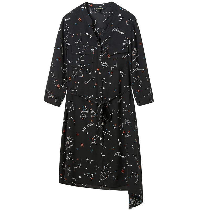 拉夏贝尔夏季新款五分袖打底雪纺a字裙长裙子连衣裙中长款女