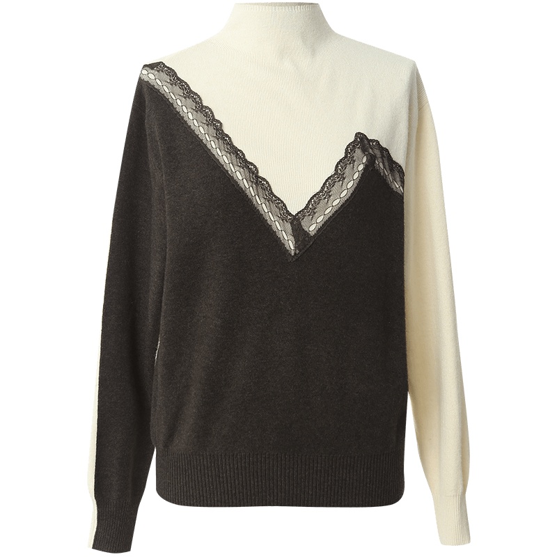 OUNIXUE欧昵雪 | [不规则花边拼接上衣]秋冬季保暖半高领长袖宽松套头毛衣女