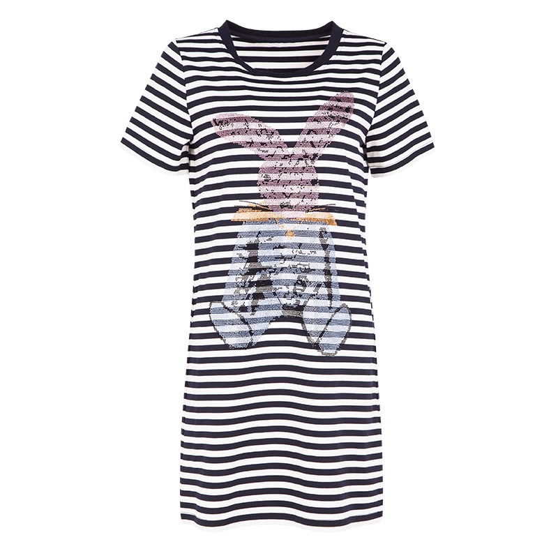晚白 新品休闲减龄圆领条纹卡通中长款T恤裙短袖连衣裙女