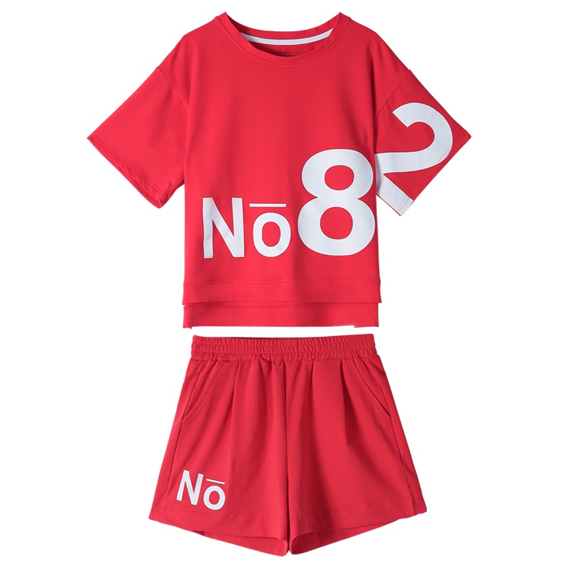 芊芷洛休闲运动服套装女夏2021新款时尚印花韩版宽松短袖短裤跑步两件套运动套装0