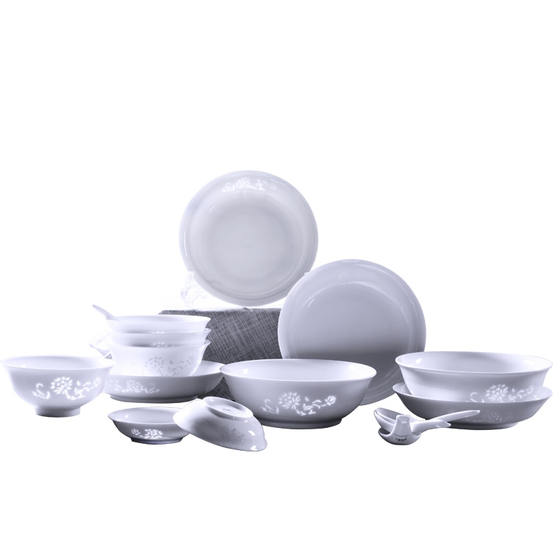 古镇陶瓷景德镇碗碟套装家用碗中式瓷器礼物北欧玲珑餐具白瓷碗盘16头餐具白玲珑花中娇客套